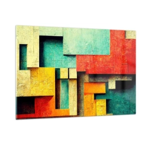Cuadro sobre vidrio - Impresiones sobre Vidrio - Abstracción geométrica colorida hecha de rectángulos. - 120x80cm - Festival de ángulos rectos - Decoración de pared moderna para salón y dormitorio ARTTOR