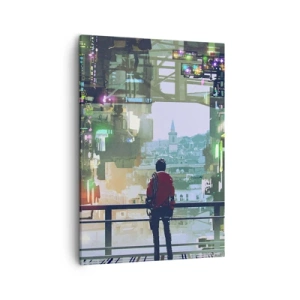 Cuadro sobre lienzo - Impresión de Imagen - Una figura en una ciudad futurista con luces de neón. - 50x70cm - Dos mundos - Decoración de pared moderna para salón y dormitorio ARTTOR