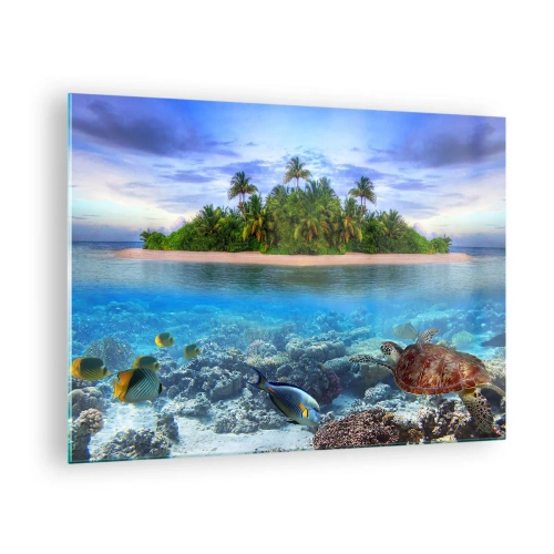 Cuadro sobre vidrio - Impresiones sobre Vidrio - Una isla tropical con un arrecife de coral y vida marina. - 70x50cm - Una isla paradisíaca te invita - Decoración de pared moderna para salón y dormitorio ARTTOR
