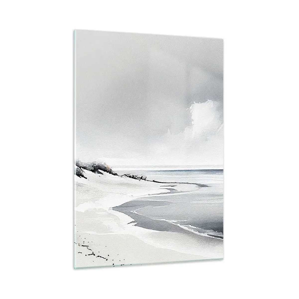 Cuadro sobre vidrio - Impresiones sobre Vidrio - Playa blanca y negra con horizonte y mar en calma. - 50x70cm - Juntos desde el principio de los tiempos - Decoración de pared moderna para salón y dormitorio ARTTOR
