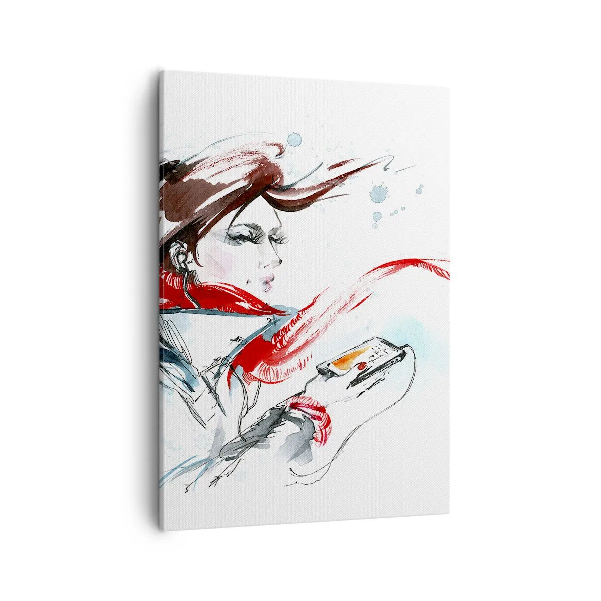 Cuadro sobre lienzo - Impresión de Imagen - Una mujer con un pañuelo rojo con pinceladas dinámicas de acuarela. - 50x70cm - Algo suena dentro de mí - Decoración de pared moderna para salón y dormitorio ARTTOR