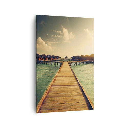 Cuadro sobre lienzo - Impresión de Imagen - Un embarcadero de madera que conduce a las casas sobre el agua, iluminadas por los rayos del sol. - 80x120cm - Una cálida invitación - Decoración de pared moderna para salón y dormitorio ARTTOR
