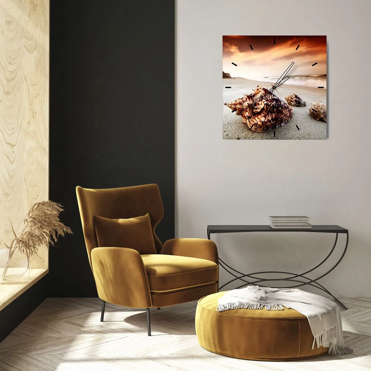 Reloj de pared - Reloj de vidrio - Conchas en la playa al atardecer - 30x30cm - Los exiliados de las olas - Decoración de pared moderna para salón y dormitorio ARTTOR