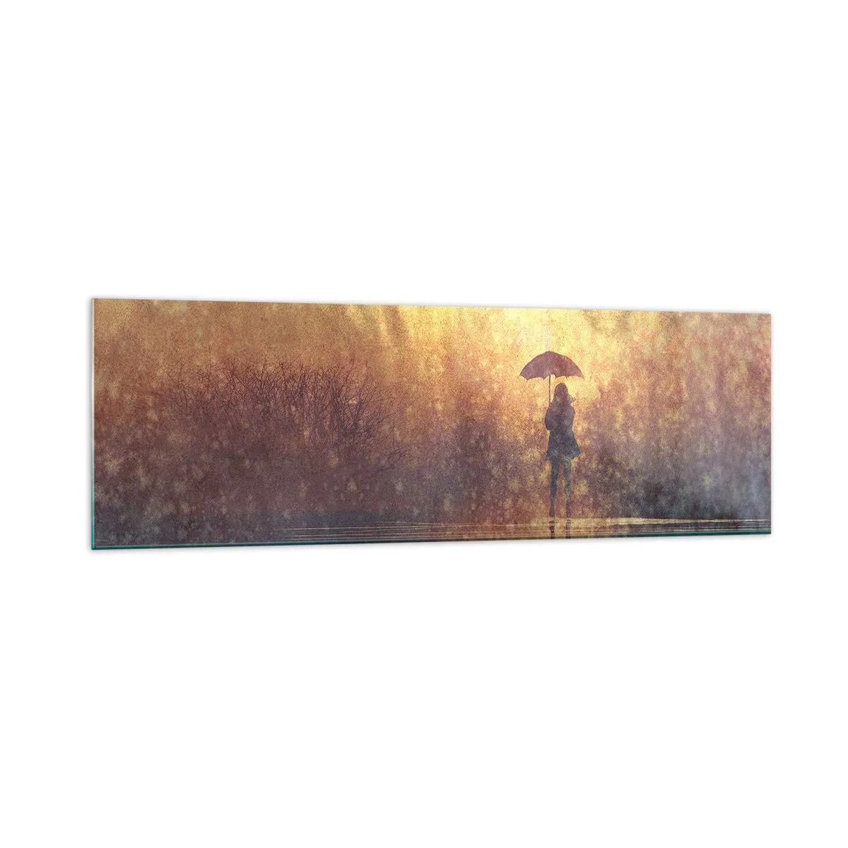 Cuadro sobre vidrio - Impresiones sobre Vidrio - Una figura con un paraguas en un paisaje brumoso lleno de reflejos. - 160x50cm - Siento que alguien me mira - Decoración de pared moderna para salón y dormitorio ARTTOR