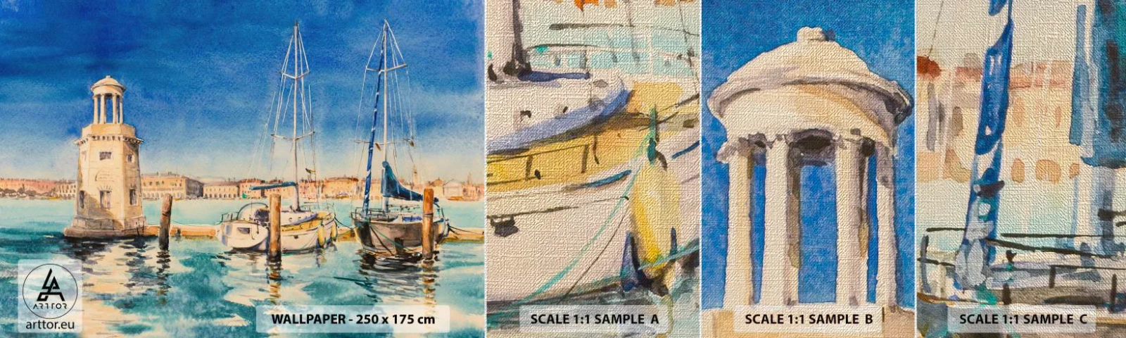 Muestra de fotomural Premium Canvas - Laguna soleada - Puerto, Paisaje, Faro - 100x30 cm