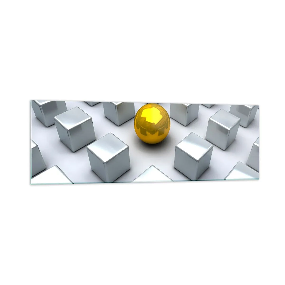Cuadro sobre vidrio - Impresiones sobre Vidrio - Una esfera dorada que destaca entre los cubos plateados. - 160x50cm - ¿Por qué yo? Composición geométrica - Decoración de pared moderna para salón y dormitorio ARTTOR