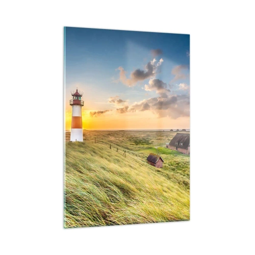 Cuadro sobre vidrio - Impresiones sobre Vidrio - Un faro al atardecer sobre un mar tempestuoso - 50x70cm - Entre las olas - Decoración de pared moderna para salón y dormitorio ARTTOR
