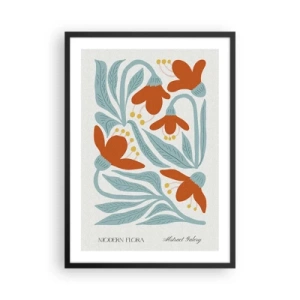 Póster en marco negro - Flores decorativas en tonos naranja y azul. - 50x70cm - Hacia la tierra, hacia el sol - Decoración de pared moderna para salón y dormitorio ARTTOR