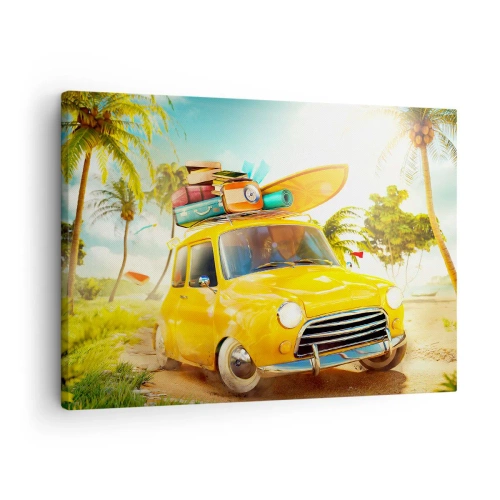 Cuadro sobre lienzo - Impresión de Imagen - Un coche amarillo con equipaje frente a un paisaje tropical. - 70x50cm - Un viaje para más de una sonrisa - Decoración de pared moderna para salón y dormitorio ARTTOR