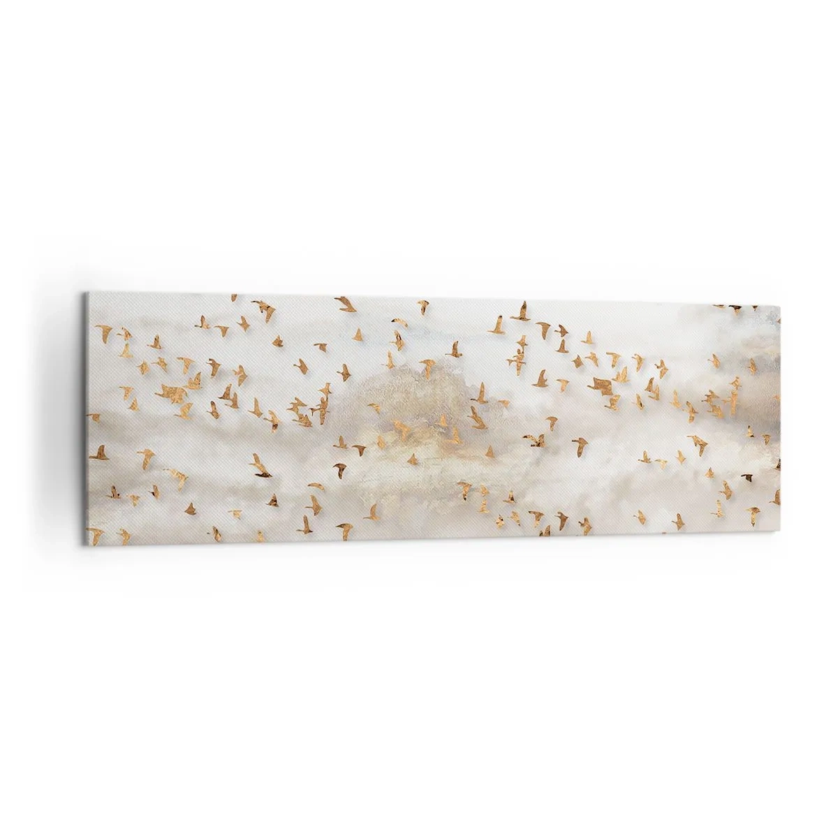 Cuadro sobre lienzo - Impresión de Imagen - Pájaros dorados contra las montañas brumosas - 160x50cm - Es hora... - Decoración de pared moderna para salón y dormitorio ARTTOR