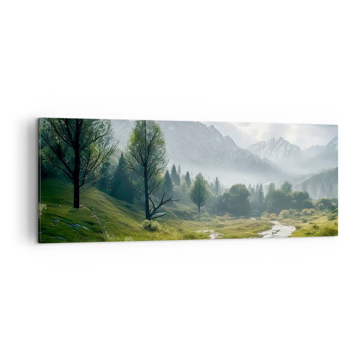 Cuadro sobre lienzo - Impresión de Imagen - Un paisaje montañoso con un río y árboles rodeados de montañas brumosas. - 140x50cm - De ida y vuelta - Decoración de pared moderna para salón y dormitorio ARTTOR