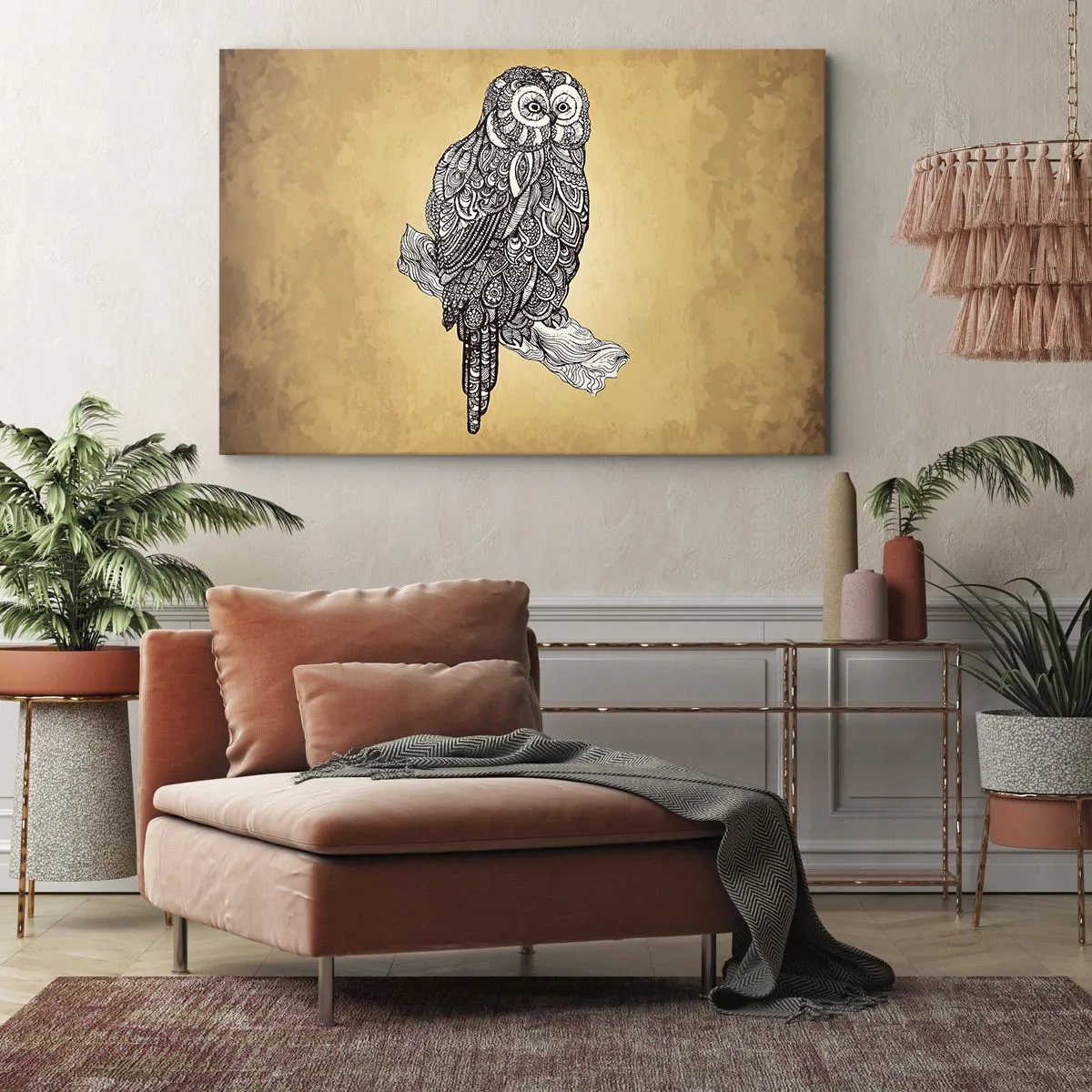 Cuadro sobre lienzo - Impresión de Imagen - Un búho en estilo ornamental sobre un fondo beige. - 70x50cm - Intrincados ornamentos de sabiduría - Decoración de pared moderna para salón y dormitorio ARTTOR