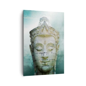 Cuadro sobre lienzo - Impresión de Imagen - Estatua de Buda con una suave niebla sobre un fondo verde. - 70x100cm - Buscando la luz - Decoración de pared moderna para salón y dormitorio ARTTOR
