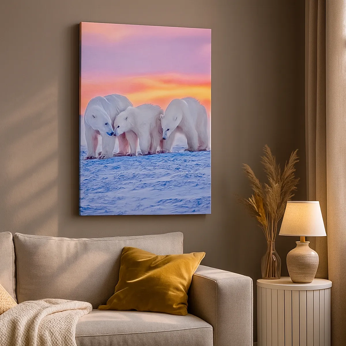 Cuadro sobre lienzo - Impresión de Imagen - Tres osos polares con el telón de fondo de una puesta de sol ártica. - 50x70cm - Todo lo que necesitas es el calor de la familia - Decoración de pared moderna para salón y dormitorio ARTTOR