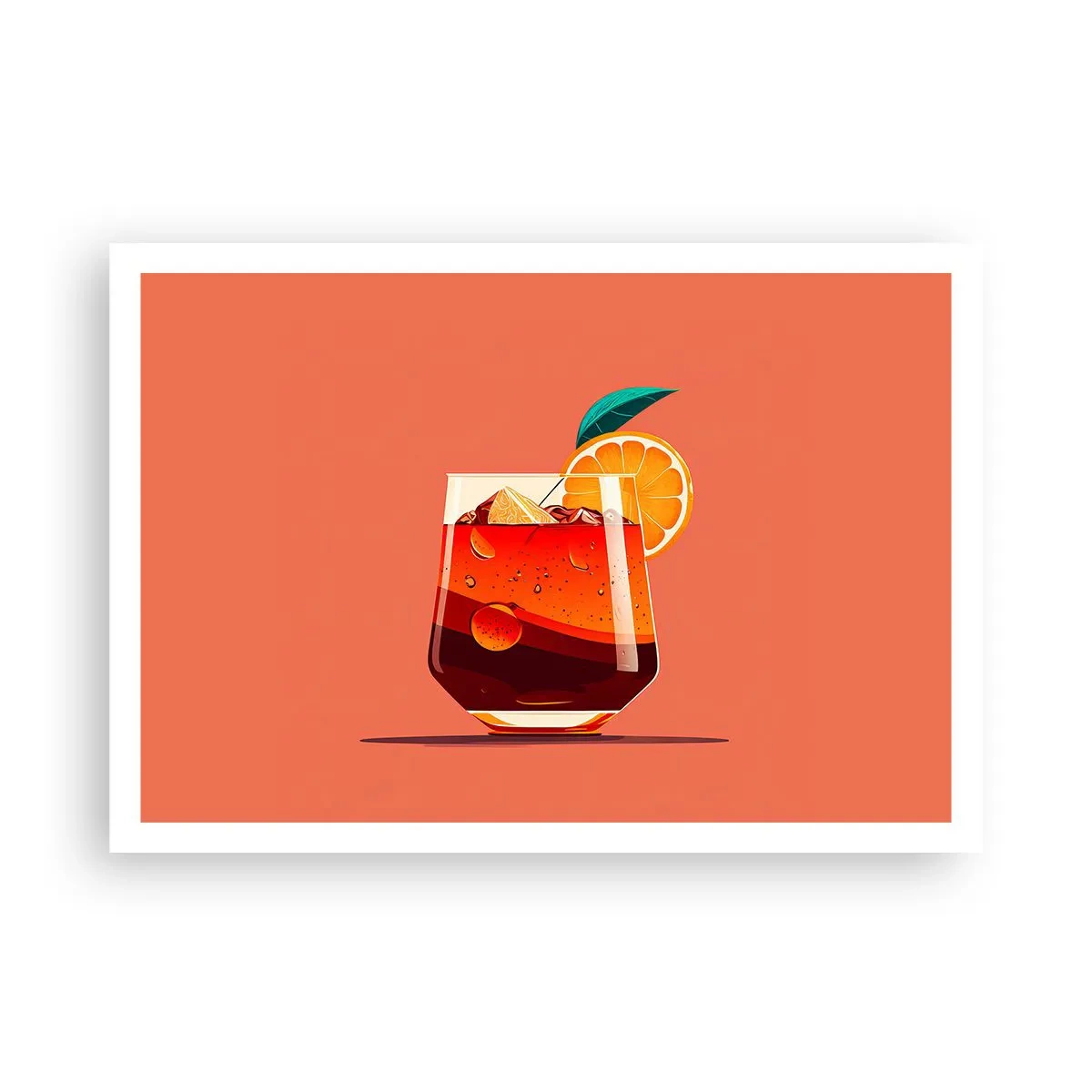 Póster - Un vaso de bebida y una rodaja de naranja sobre un fondo naranja. - 100x70cm - Refresco de verano - Decoración de pared moderna para salón y dormitorio ARTTOR
