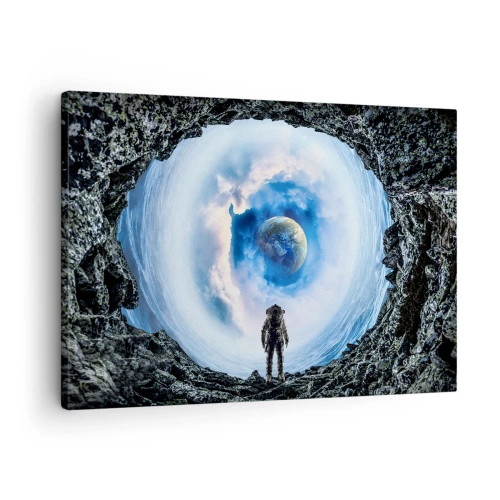 Cuadro sobre lienzo - Impresión de Imagen - Astronauta frente a un paisaje espacial con la Tierra al fondo - 70x50cm - No muy lejos de casa - Decoración de pared moderna para salón y dormitorio ARTTOR
