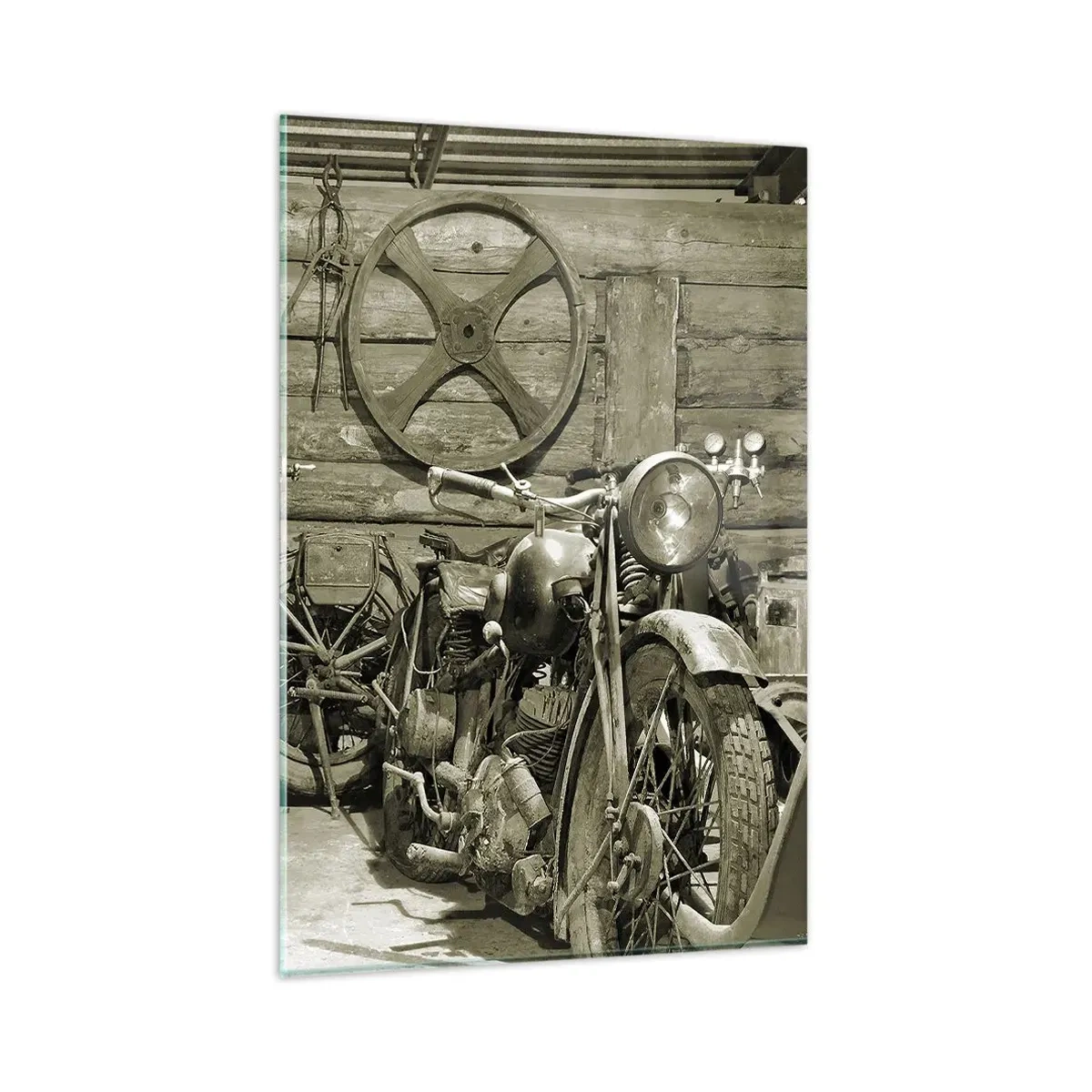 Cuadro sobre vidrio - Impresiones sobre Vidrio - Taller retro con motos y herramientas - 80x120cm - En el trastero del abuelo - Decoración de pared moderna para salón y dormitorio ARTTOR