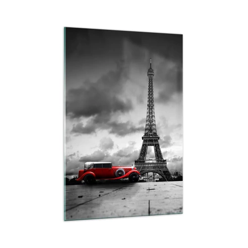 Cuadro sobre vidrio - Impresiones sobre Vidrio - Coche retro rojo frente a la Torre Eiffel en blanco y negro - 70x100cm - No hace mucho tiempo, en París - Decoración de pared moderna para salón y dormitorio ARTTOR
