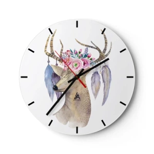 Reloj de pared - Reloj de vidrio - Dibujo artístico de un ciervo con flores en sus astas y plumas. - 30x30cm - Guía del alma - gentil, inocente - Decoración de pared moderna para salón, cocina y dormitorio ARTTOR