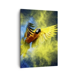 Cuadro sobre lienzo - Impresión de Imagen - Un loro en vuelo sobre un fondo de explosiones de colores amarillo y azul. - 50x70cm - En polvo azul y dorado - Decoración de pared moderna para salón y dormitorio ARTTOR