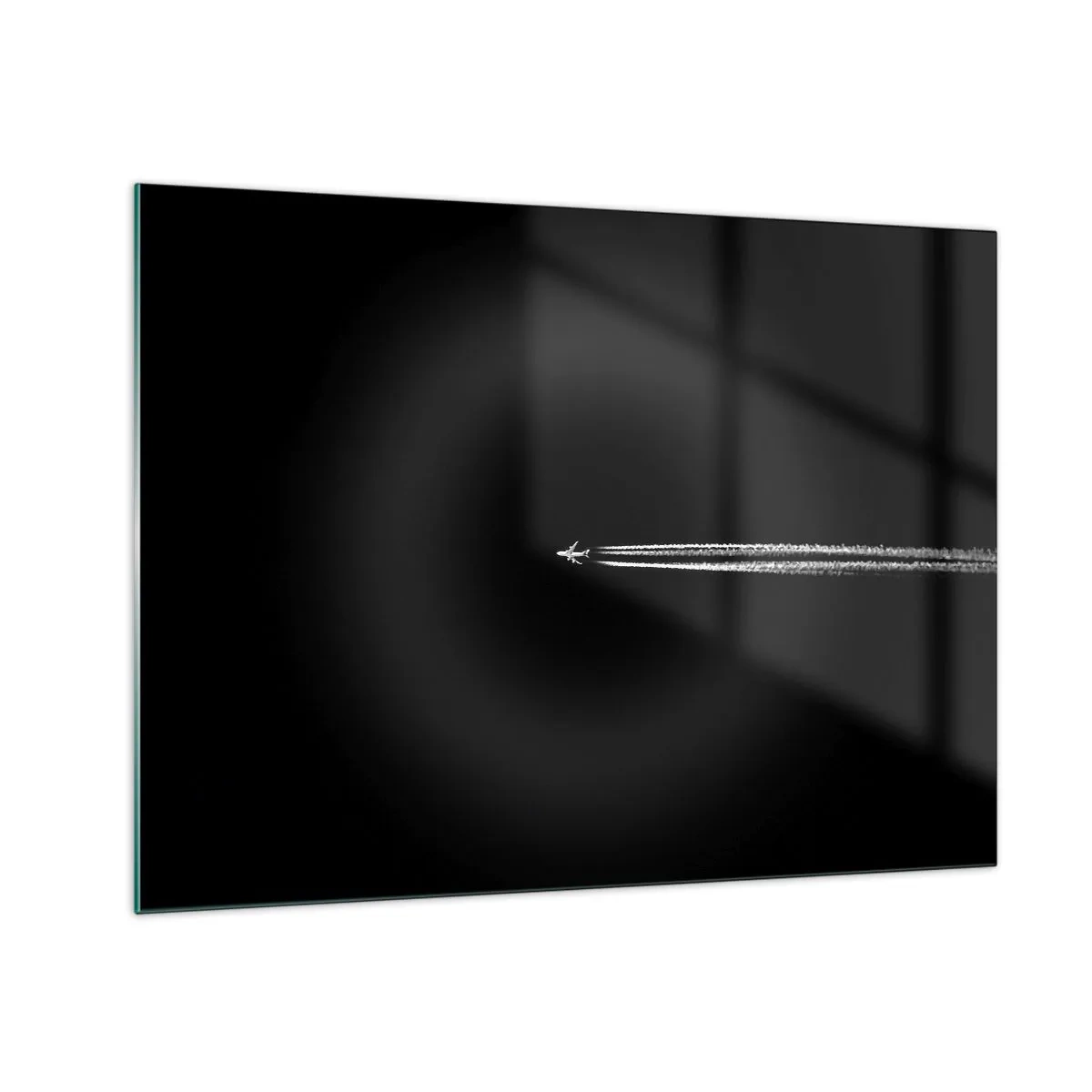 Cuadro sobre vidrio - Impresiones sobre Vidrio - Un avión a reacción sobre un fondo negro con una estela de condensación. - 70x50cm - En otra dimensión - Decoración de pared moderna para salón y dormitorio ARTTOR