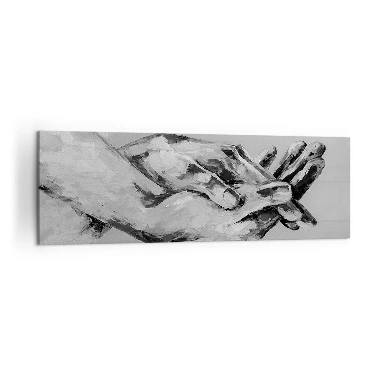 Cuadro sobre lienzo - Impresión de Imagen - Una composición en blanco y negro de dos manos entrelazadas sobre un fondo claro. - 160x50cm - El comienzo... - Decoración de pared moderna para salón y dormitorio ARTTOR
