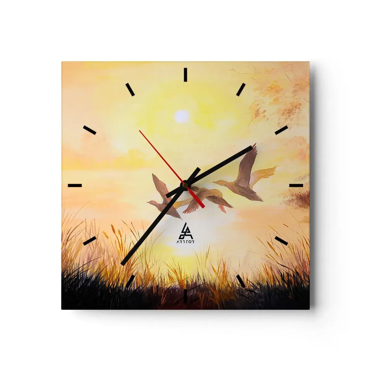 Reloj de pared - Reloj de vidrio - Patos volando al amanecer sobre el lago - 30x30cm - El comienzo de un largo viaje - Decoración de pared moderna para salón y dormitorio ARTTOR