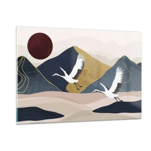 Cuadro sobre vidrio - Impresiones sobre Vidrio - Dos grullas volando sobre un paisaje ondulado con un sol rojo. - 120x80cm - Y el día ha vuelto a pasar volando - Decoración de pared moderna para salón y dormitorio ARTTOR