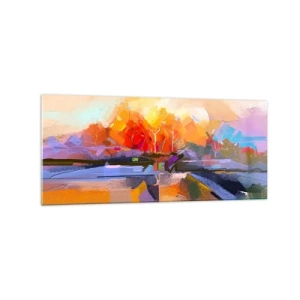 Cuadro sobre vidrio - Impresiones sobre Vidrio - Un paisaje abstracto con intensos colores otoñales. - 120x50cm - Llegó el otoño - Decoración de pared moderna para salón y dormitorio ARTTOR