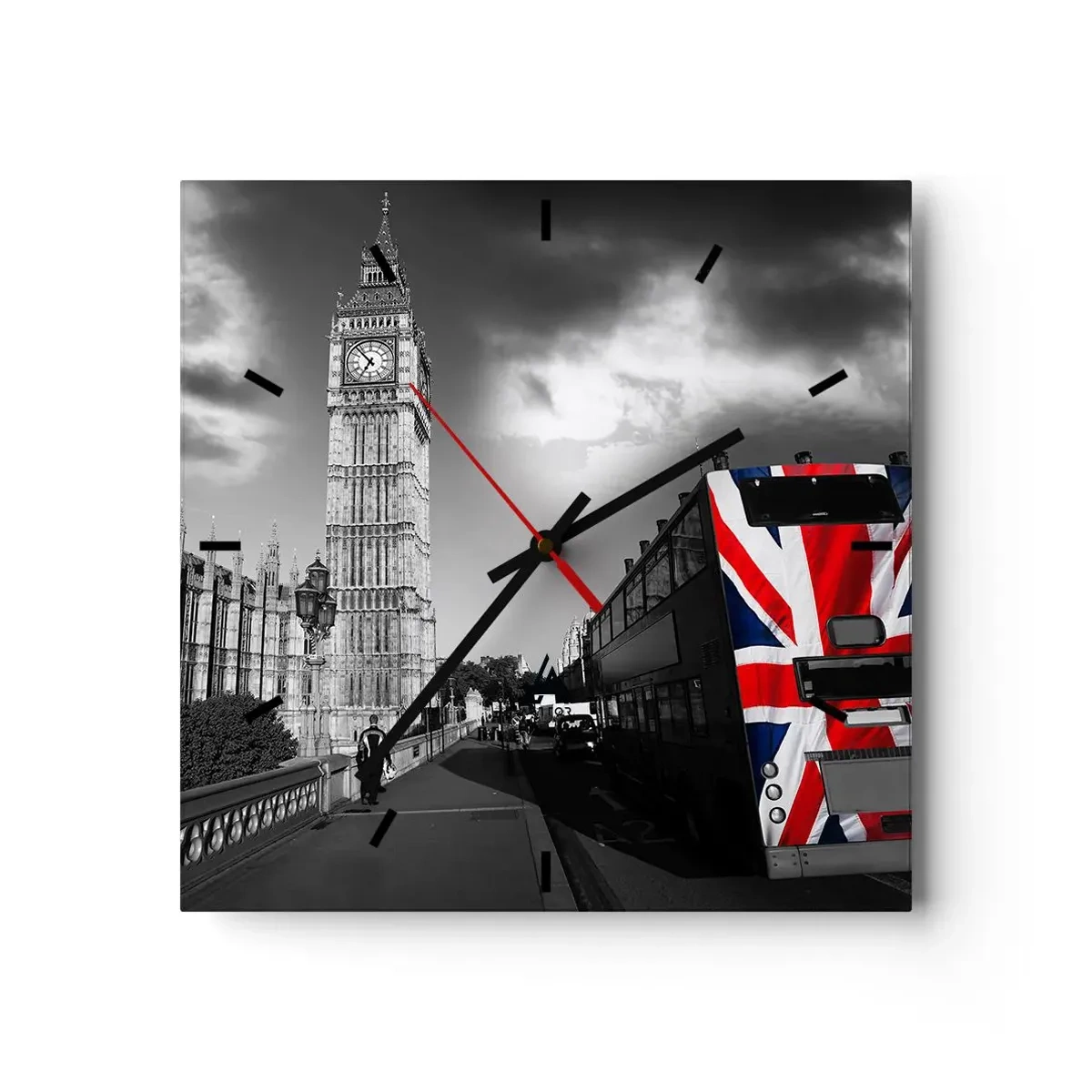 Reloj de pared - Reloj de vidrio - El Big Ben y un autobús con una bandera británica sobre un fondo blanco y negro - 30x30cm - Orgullosa y grandiosa - Decoración de pared moderna para salón y dormitorio ARTTOR