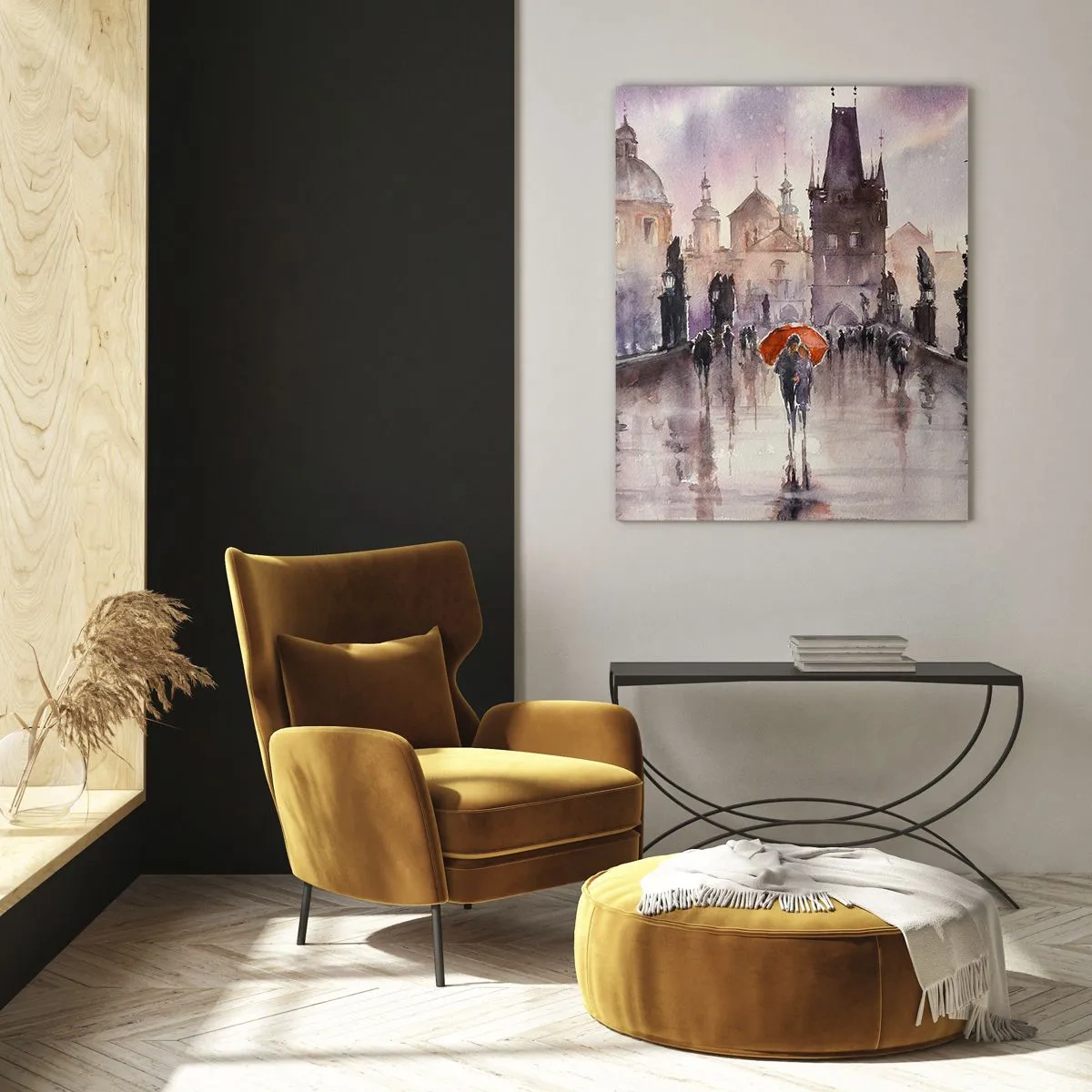 Cuadro sobre vidrio - Impresiones sobre Vidrio - Caminando bajo la lluvia por un puente con un paraguas naranja - 50x70cm - La gente no cambia - Decoración de pared moderna para salón y dormitorio ARTTOR