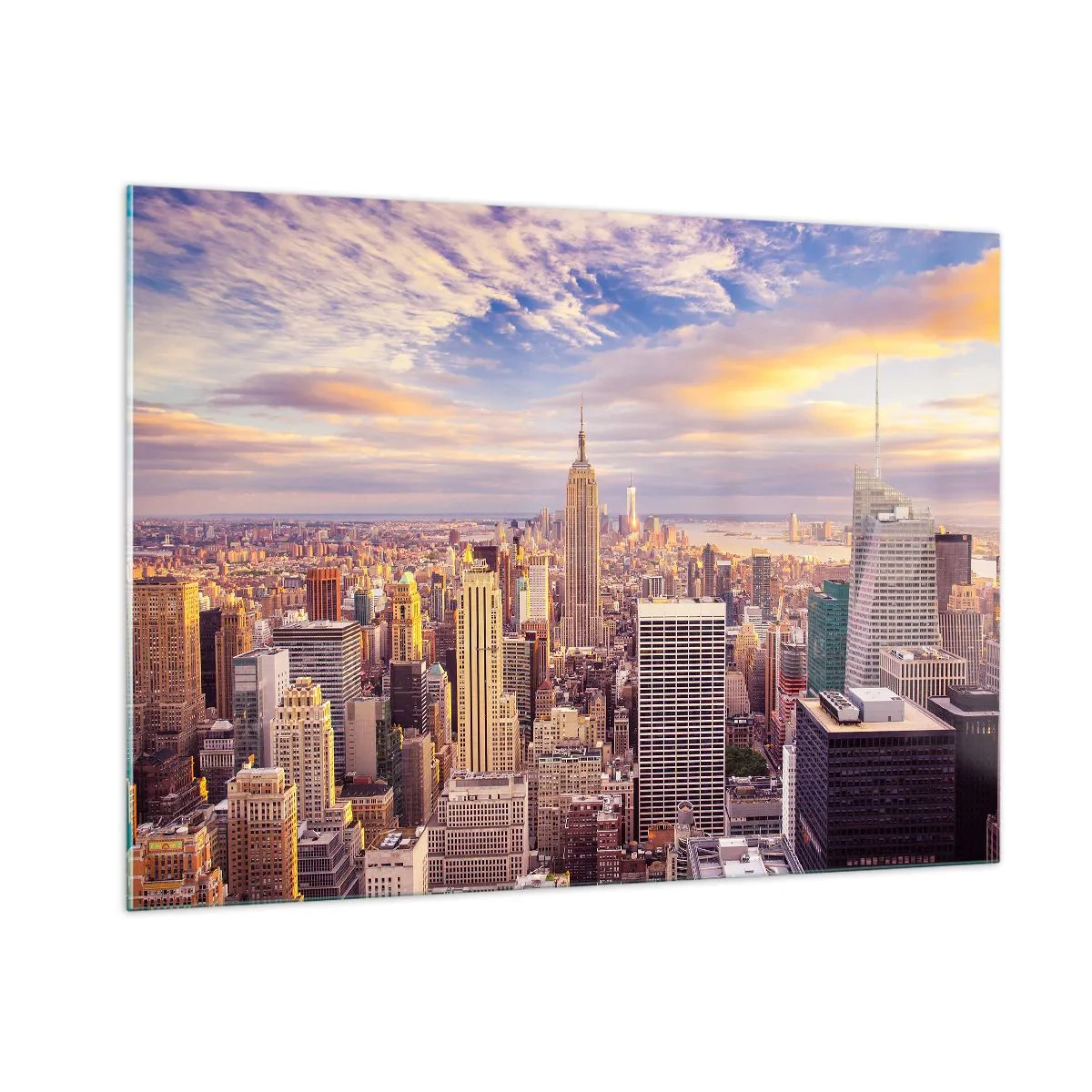 Cuadro sobre vidrio - Impresiones sobre Vidrio - Panorama de la ciudad con rascacielos al atardecer - 100x70cm - Alcanzar las nubes - Decoración de pared moderna para salón y dormitorio ARTTOR