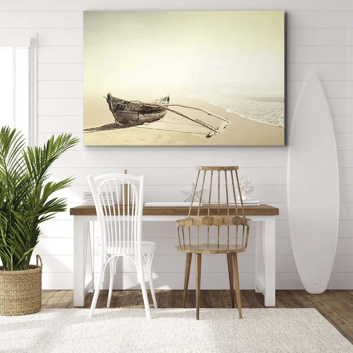 Cuadro sobre lienzo - Impresión de Imagen - Viejo barco pesquero en una playa de arena - 70x50cm - Un recuerdo de los mares del sur - Decoración de pared moderna para salón y dormitorio ARTTOR