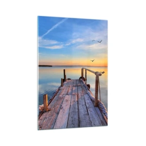 Cuadro sobre vidrio - Impresiones sobre Vidrio - Muelle de madera al atardecer en un lago tranquilo - 70x100cm - Caminando hacia el sol - Decoración de pared moderna para salón y dormitorio ARTTOR