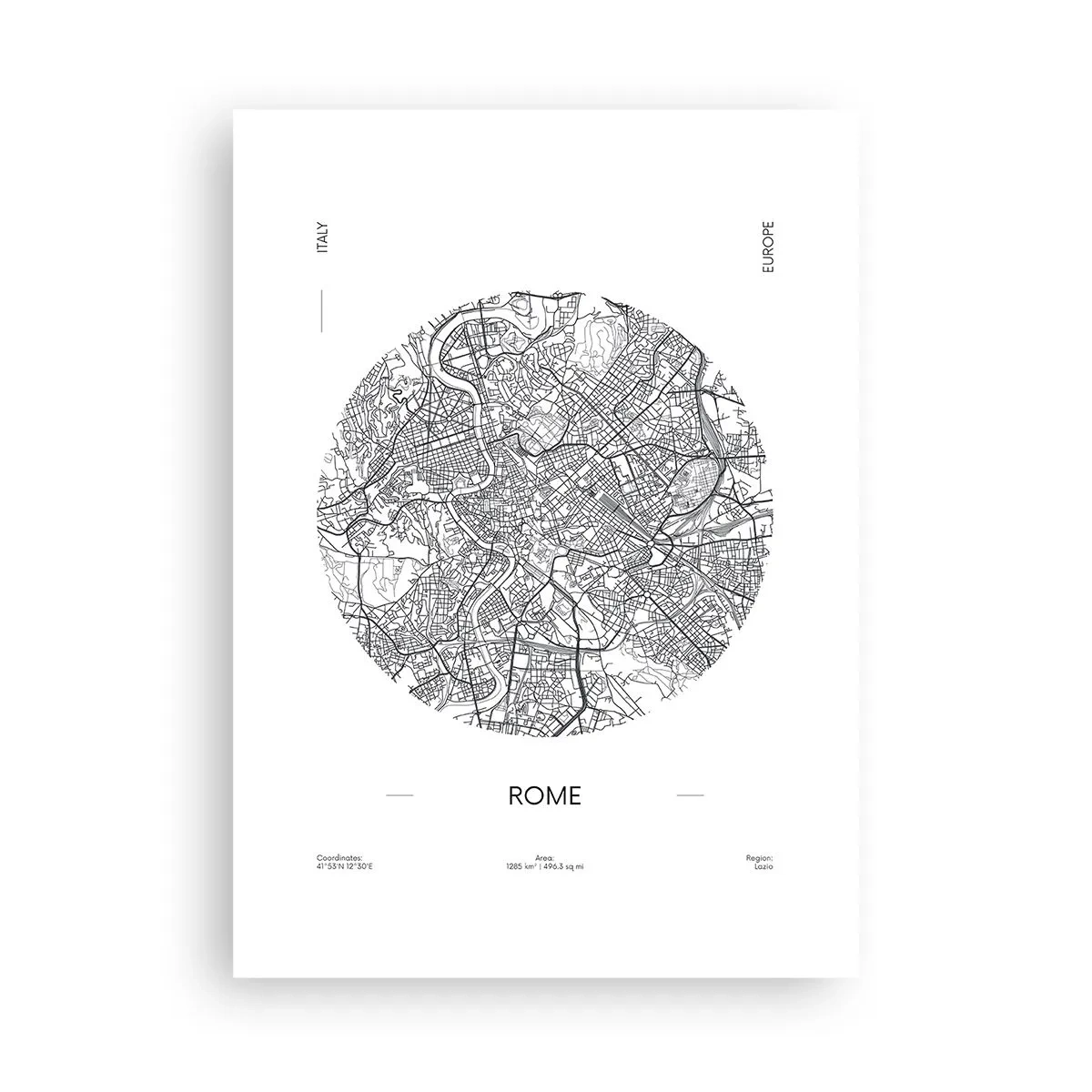 Póster - Un mapa minimalista de Roma en blanco y negro. - 50x70cm - Anatomía de Roma - Decoración de pared moderna para salón y dormitorio ARTTOR
