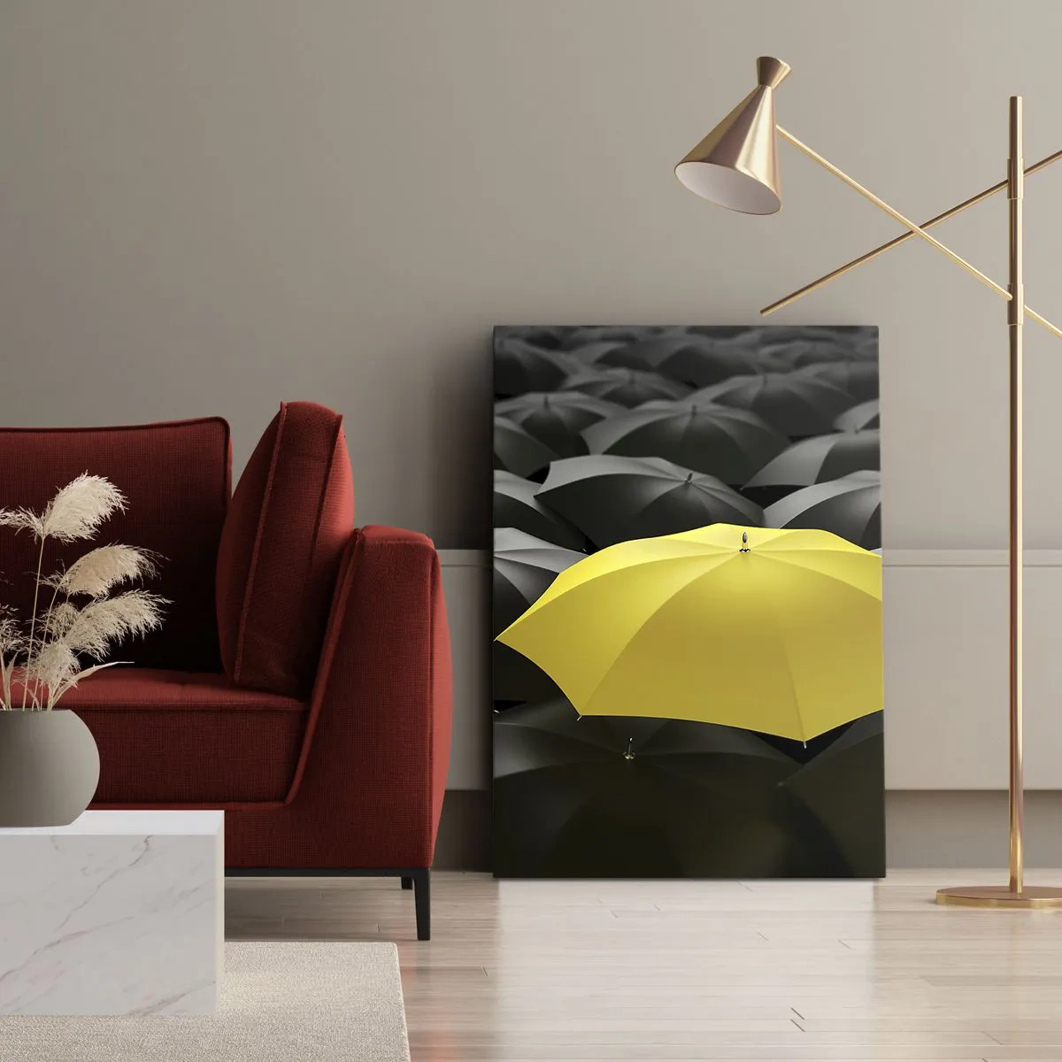 Cuadro sobre lienzo - Impresión de Imagen - Un paraguas amarillo entre paraguas negros. - 80x120cm - Adiós a la tristeza - Decoración de pared moderna para salón y dormitorio ARTTOR