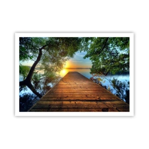 Póster - Un muelle de madera rodeado de vegetación durante la puesta de sol. - 100x70cm - Tómate tu tiempo, siéntate - Decoración de pared moderna para salón y dormitorio ARTTOR