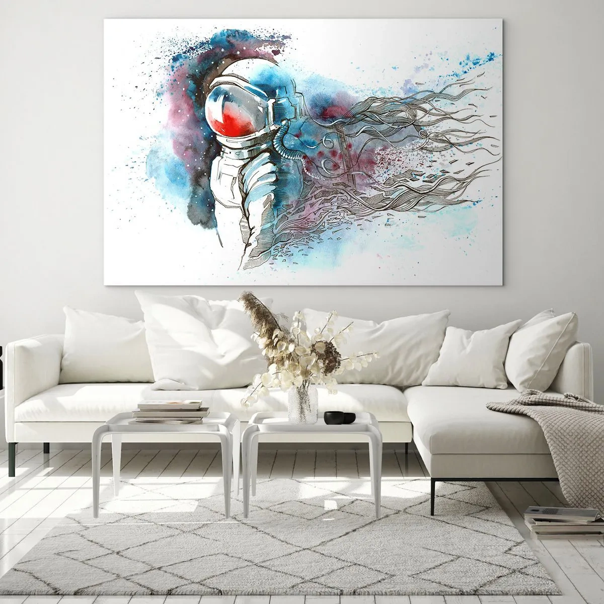 Cuadro sobre vidrio - Impresiones sobre Vidrio - Astronauta en un dinámico entorno espacial de acuarela - 100x70cm - A solas con el cosmos - Decoración de pared moderna para salón y dormitorio ARTTOR