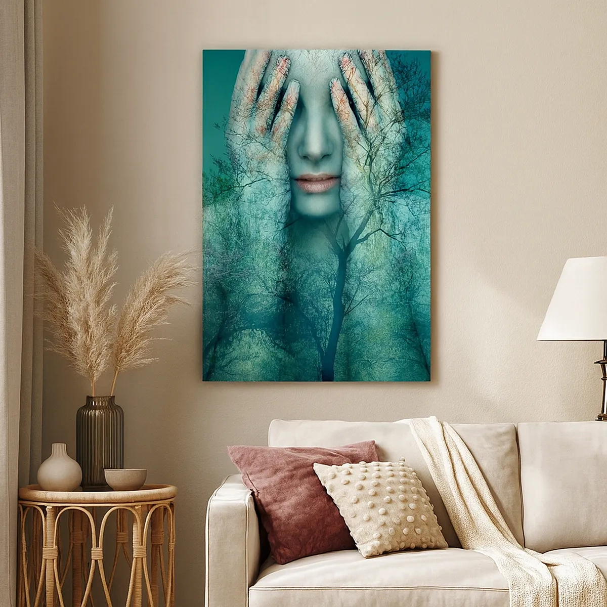 Cuadro sobre lienzo - Impresión de Imagen - Figura de mujer con motivo de árbol sobre un fondo de paisaje turquesa. - 50x70cm - Sumergida en azul - Decoración de pared moderna para salón y dormitorio ARTTOR