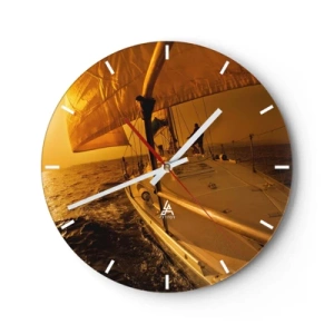 Reloj de pared - Reloj de vidrio - Un velero en un mar tranquilo con luz cálida. - 30x30cm - Atardecer dorado tras un día multicolor - Decoración de pared moderna para salón, cocina y dormitorio ARTTOR