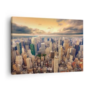 Cuadro sobre lienzo - Impresión de Imagen - Panorama de la ciudad con vistas a los rascacielos al atardecer - 70x50cm - Metrópolis dorada - Decoración de pared moderna para salón y dormitorio ARTTOR