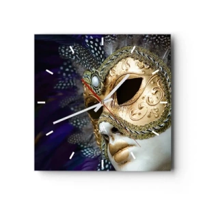 Reloj de pared - Reloj de vidrio - Máscara veneciana dorada con plumas decorativas y adornos. - 30x30cm - Retrato veneciano en oro - Decoración de pared moderna para salón y dormitorio ARTTOR