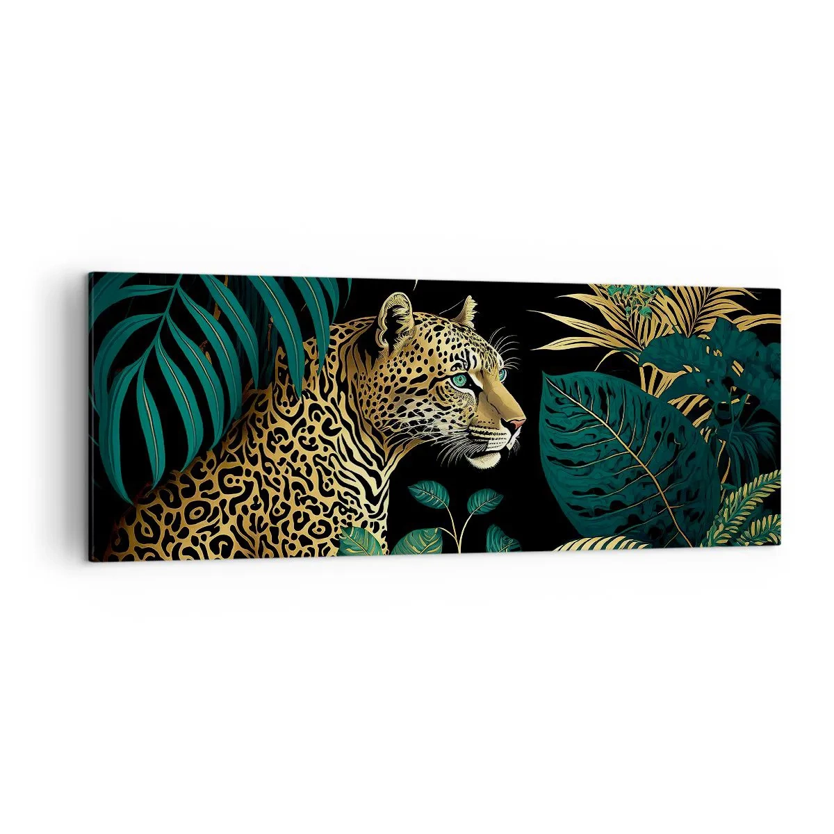 Cuadro sobre lienzo - Impresión de Imagen - Leopardo en hojas tropicales sobre un fondo negro - 140x50cm - El anfitrión en la jungla - Decoración de pared moderna para salón y dormitorio ARTTOR