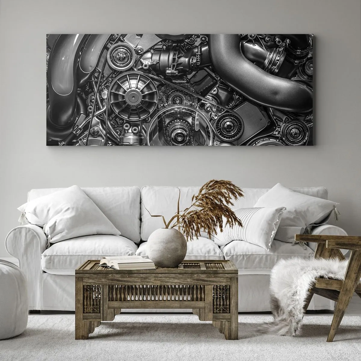 Cuadro sobre lienzo - Impresión de Imagen - Primer plano en blanco y negro de los detalles mecánicos de un motor de automóvil. - 140x50cm - La poesía de la mecánica - Decoración de pared moderna para salón y dormitorio ARTTOR