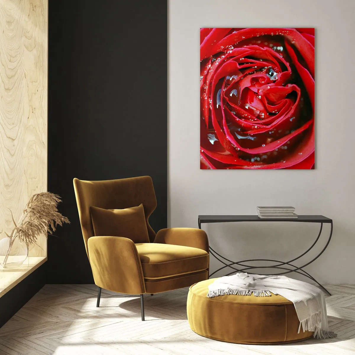 Cuadro sobre vidrio - Impresiones sobre Vidrio - Primer plano de una rosa roja con gotas de agua en los pétalos. - 70x100cm - En gotas de rocío - Decoración de pared moderna para salón y dormitorio ARTTOR