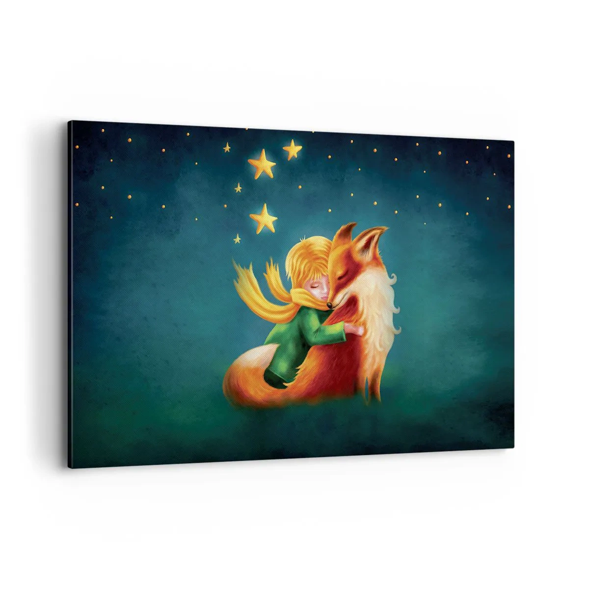 Cuadro sobre lienzo - Impresión de Imagen - Un niño con un zorro en un entorno mágico con estrellas. - 120x80cm - El Principito - Decoración de pared moderna para salón y dormitorio ARTTOR