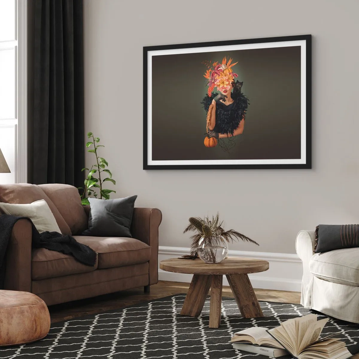 Póster en marco negro - Retrato de una mujer con motivos otoñales y un gato. - 70x50cm - Hechizo de bruja - Decoración de pared moderna para salón y dormitorio ARTTOR