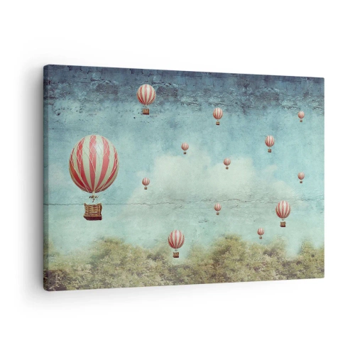 Cuadro sobre lienzo - Impresión de Imagen - Globos retro contra un cielo azul y un fondo verde. - 70x50cm - Libre del ajetreo de la vida - Decoración de pared moderna para salón y dormitorio ARTTOR