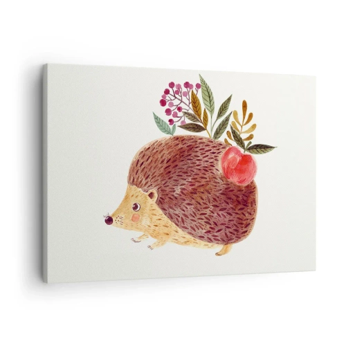 Cuadro sobre lienzo - Impresión de Imagen - Un lindo erizo con una manzana y plantas en un estilo ilustrativo. - 70x50cm - Y ya te gusto - Decoración de pared moderna para salón y dormitorio ARTTOR
