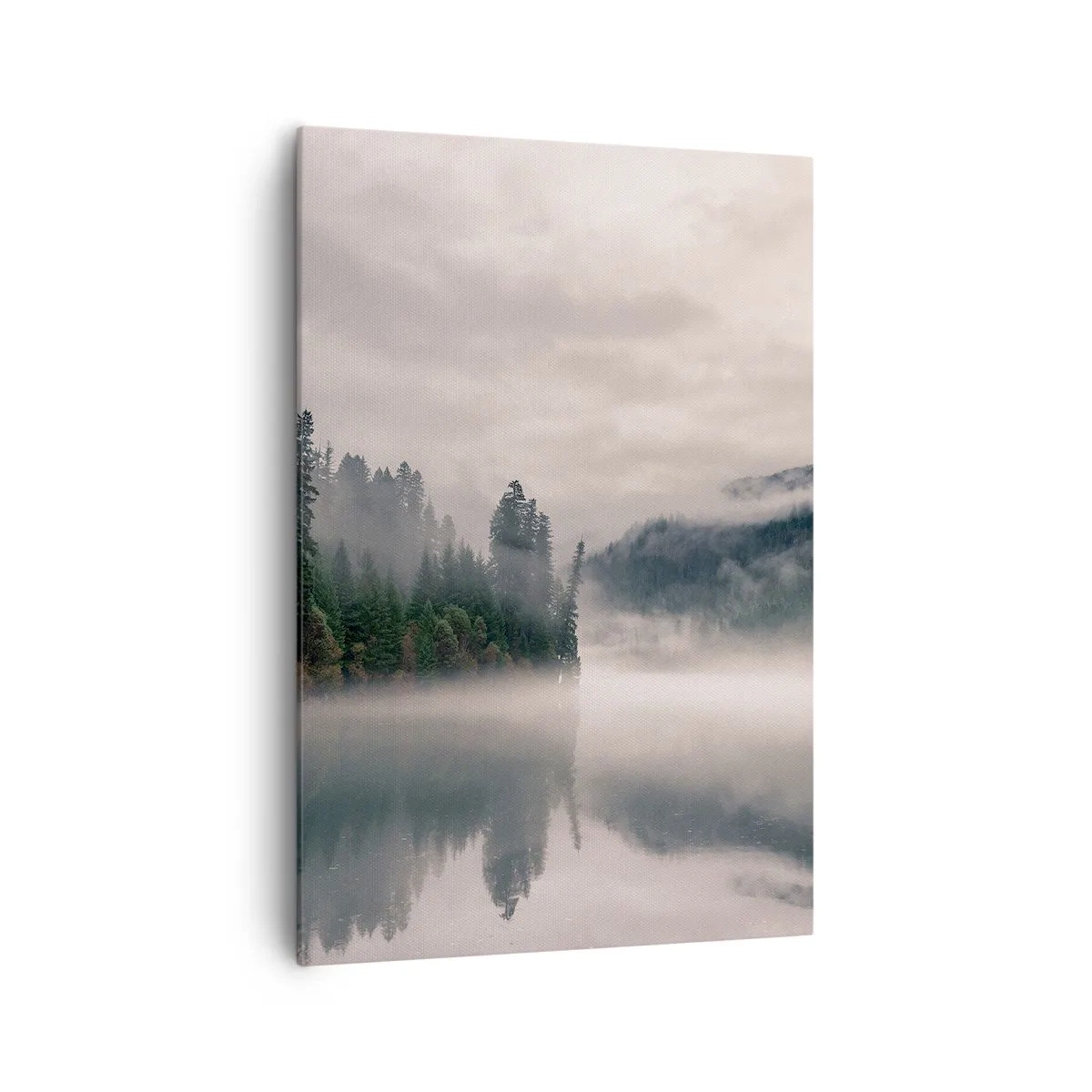 Cuadro sobre lienzo - Impresión de Imagen - Un bosque brumoso reflejado en un lago tranquilo. - 70x100cm - En el ensueño, en la niebla - Decoración de pared moderna para salón y dormitorio ARTTOR